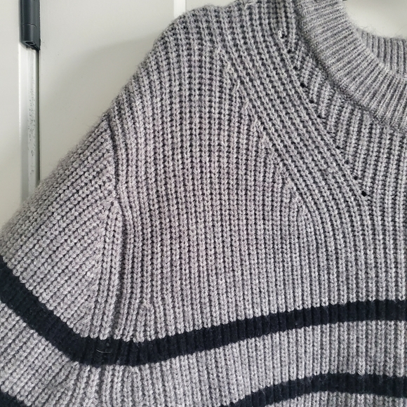 Magaschoni Striped Crew Neck Sweater Fisherman Knit Grey Ribbed Boxy Rel… - Picture 2 of 10